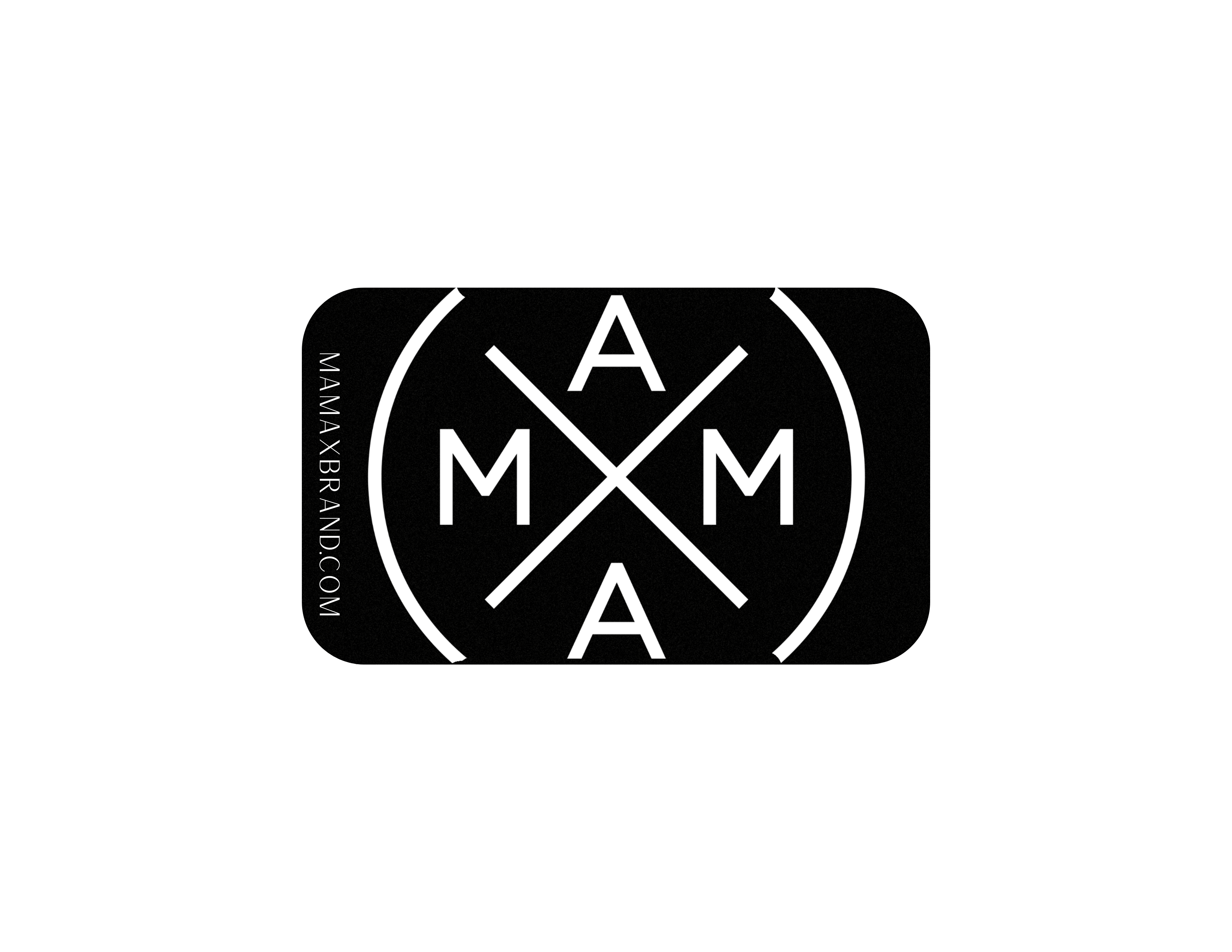 The MXB E-Gift Card by Mama X™ Brand showcases a design with the word "MAMA" in bold capital letters arranged within a circle, intersected by two diagonal lines forming an X at the center. The URL "MAMAXBRAND.COM" is vertically aligned on the left side. This sleek black background with white text and lines design makes it an ideal choice for email delivery gift cards.