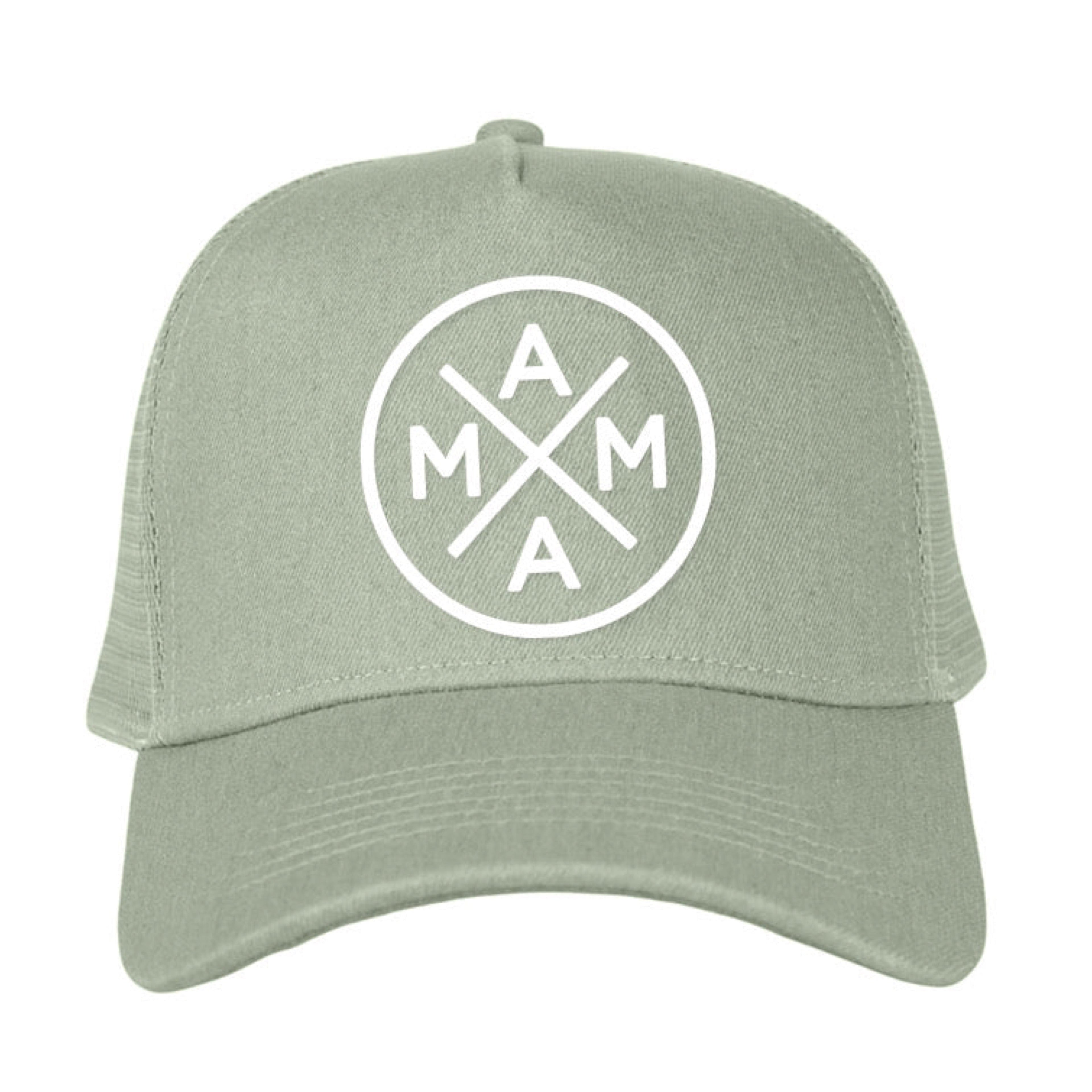 The Mama X™ Premium Canvas Trucker Hat - Sage by Mama X™ Brand features a white circular logo in the center, with "MAMA" arranged in a cross pattern, each letter occupying one quadrant of the circle. This stylish sage green 5-panel cap is perfect for everyday wear.