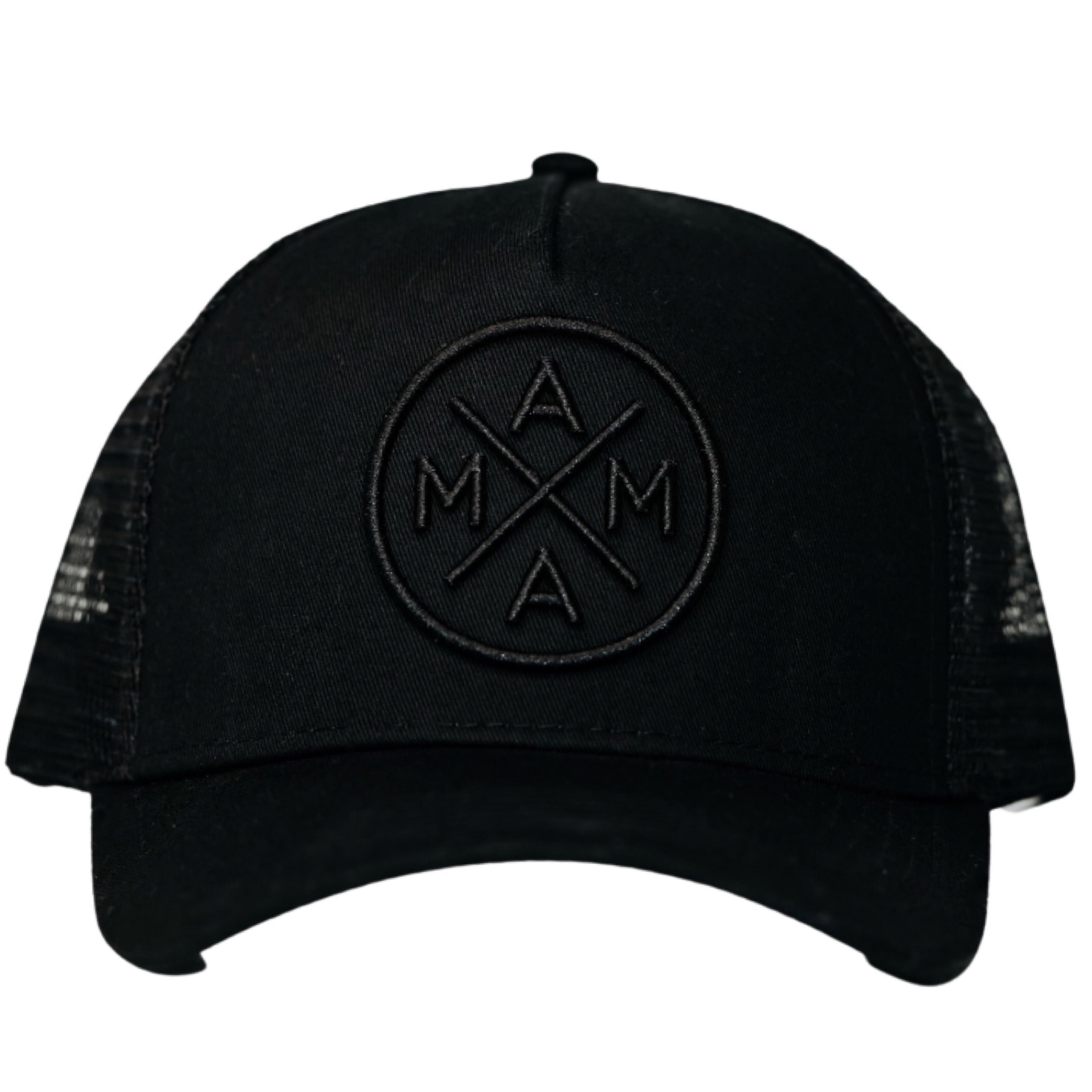 The Mama X™ Blackout Premium Trucker Hat by Mama X™ Brand is a black baseball cap featuring a mesh back for easy upkeep. Its front panel boasts a circular logo with the letters "A," "M," "A," and "M" arranged in a cross pattern. Ideal for coordinating as family hats.