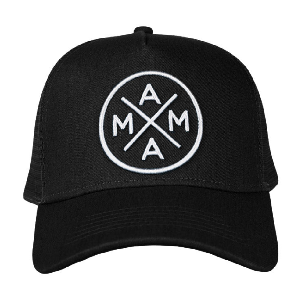 The Mama X™ Premium Canvas Trucker Hat- Black by Mama X™ Brand is a stylish 5-panel cap featuring a black canvas design and a white embroidered patch on the front. The patch showcases a circle with an "X" shape inside it, along with the letters "A" and "M" in each quadrant, forming "AMA" both horizontally and vertically.