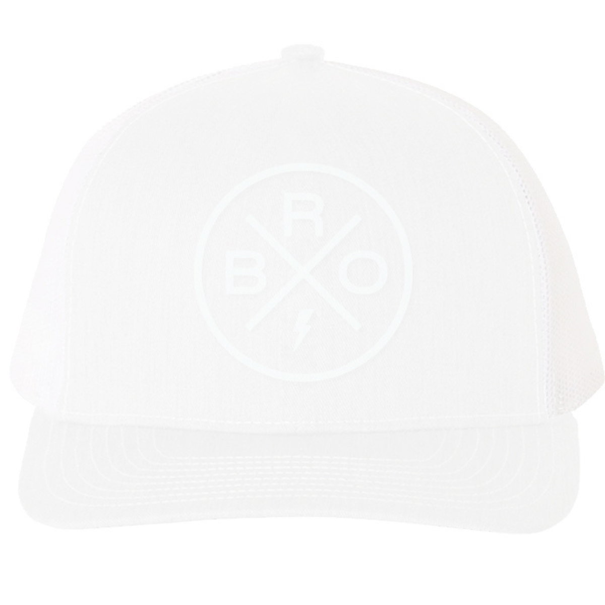 The Mama X™ Brand Bro X Whiteout Premium Trucker Hat is a stylish white cap featuring a 3D stitched logo on the front, which displays the letters "R", "B", and "O" arranged around intersecting lines with a lightning bolt at the bottom intersection, offering both style and sun protection.