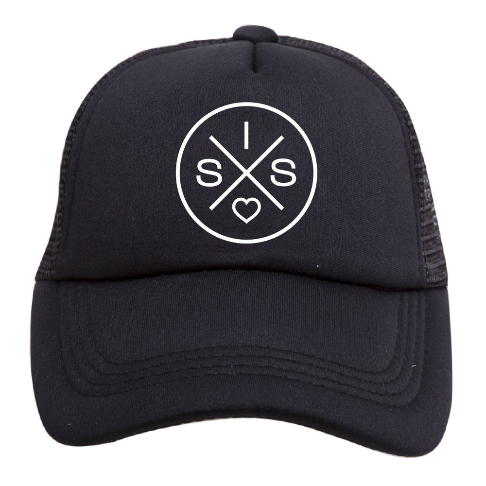 The Sis X Trucker Hat by Mama X™ Brand features a black 5-panel cap adorned with a white logo on the front. The logo includes two intersecting lines forming an "X," with the letters "S" and "I" in opposite quadrants and a heart shape in the lower quadrant. This stylish hat combines a polyester front with mesh fabric on the sides and back for added comfort.