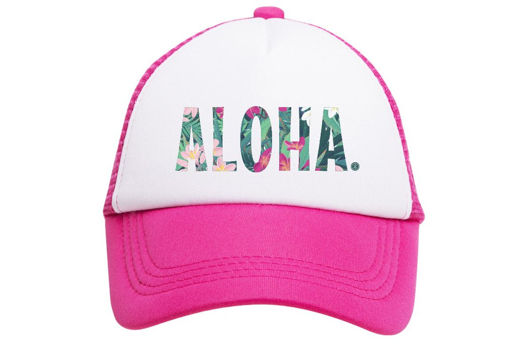 A white and pink baseball cap with the word "ALOHA" written in floral print on the front.