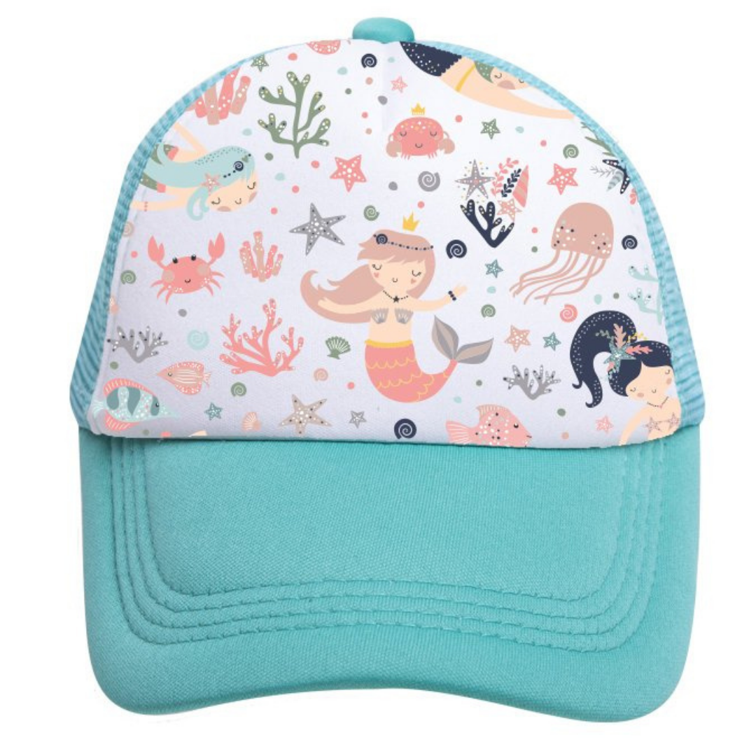 The Mermaid Trucker Hat by Mama X™ Brand is a vibrant kids' trucker hat featuring a turquoise brim and a patterned crown adorned with playful pastel illustrations of mermaids, unicorns, fish, seashells, crabs, starfish, and sea plants. This whimsical underwater-themed accessory is perfect for tweens.