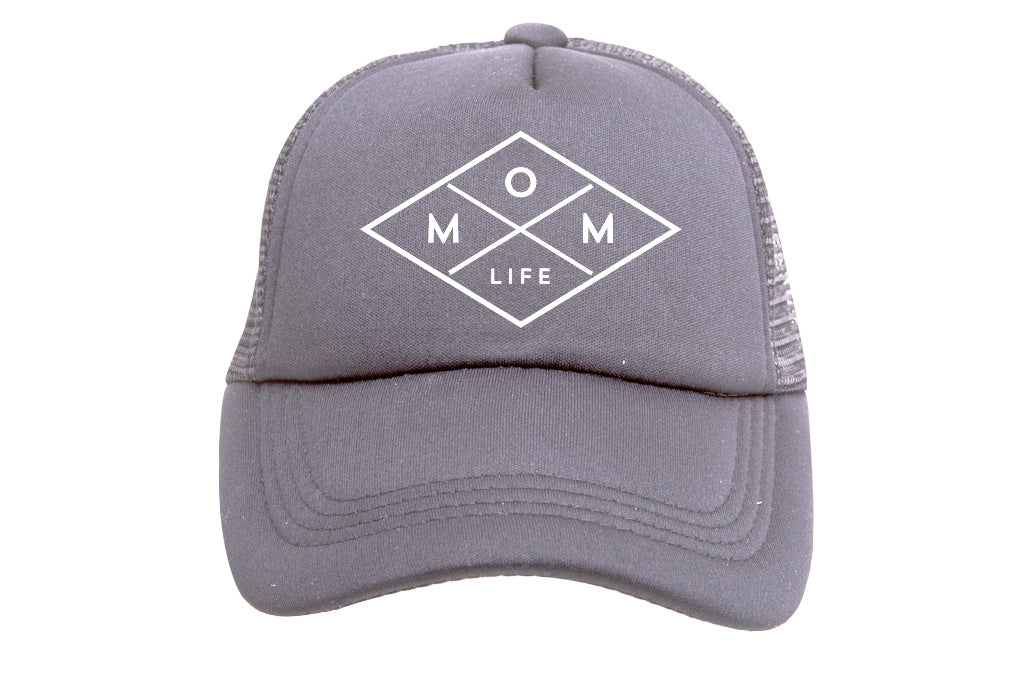 Introducing the Mom Life Foam Hat - Gray by Mama X™ Brand: This adult foam trucker hat features a 5-panel construction with a black mesh back and a stylish white geometric design on the front. The design showcases a diamond shape divided into four sections, each containing the letters 