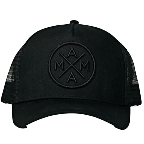 The Mama X™ Blackout Premium Trucker Hat by XAMAM is a black canvas hat with a mesh back, featuring an embroidered emblem on the front that displays intersecting lines and the letters 