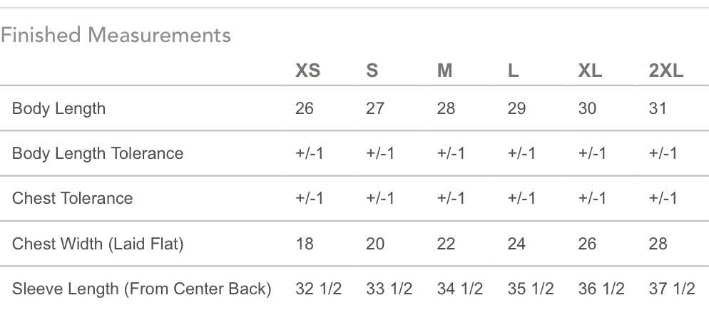 The size chart for Mama X™ Gray Crewneck from Mama X™ Brand displays finished measurements for XS to 2XL, including body length, chest tolerance, chest width, and sleeve length from center back. It offers a relaxed fit featuring the signature Mama X logo with detailed rows for accuracy.