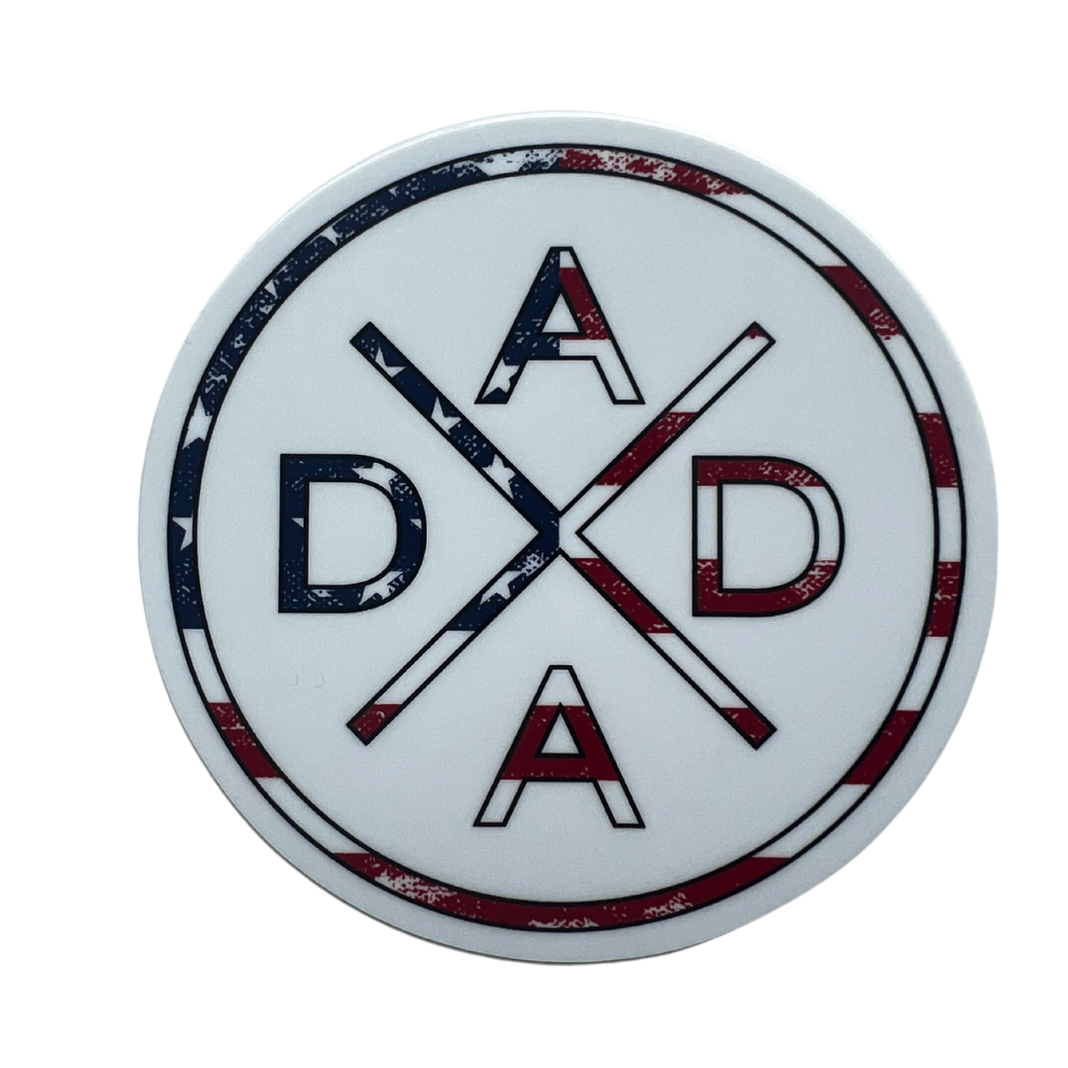 Experience the Dada X™ American Flag Sticker from Mama X™ Brand, showcasing a circular emblem with "DAD" in a unique vertical and diagonal layout. The intersecting "A" at the top and bottom exudes patriotic flair, adorned with an American flag design featuring red, white, and blue colors along with stars. Perfect for sticker application, this emblem is framed by a matching flag-pattern border.