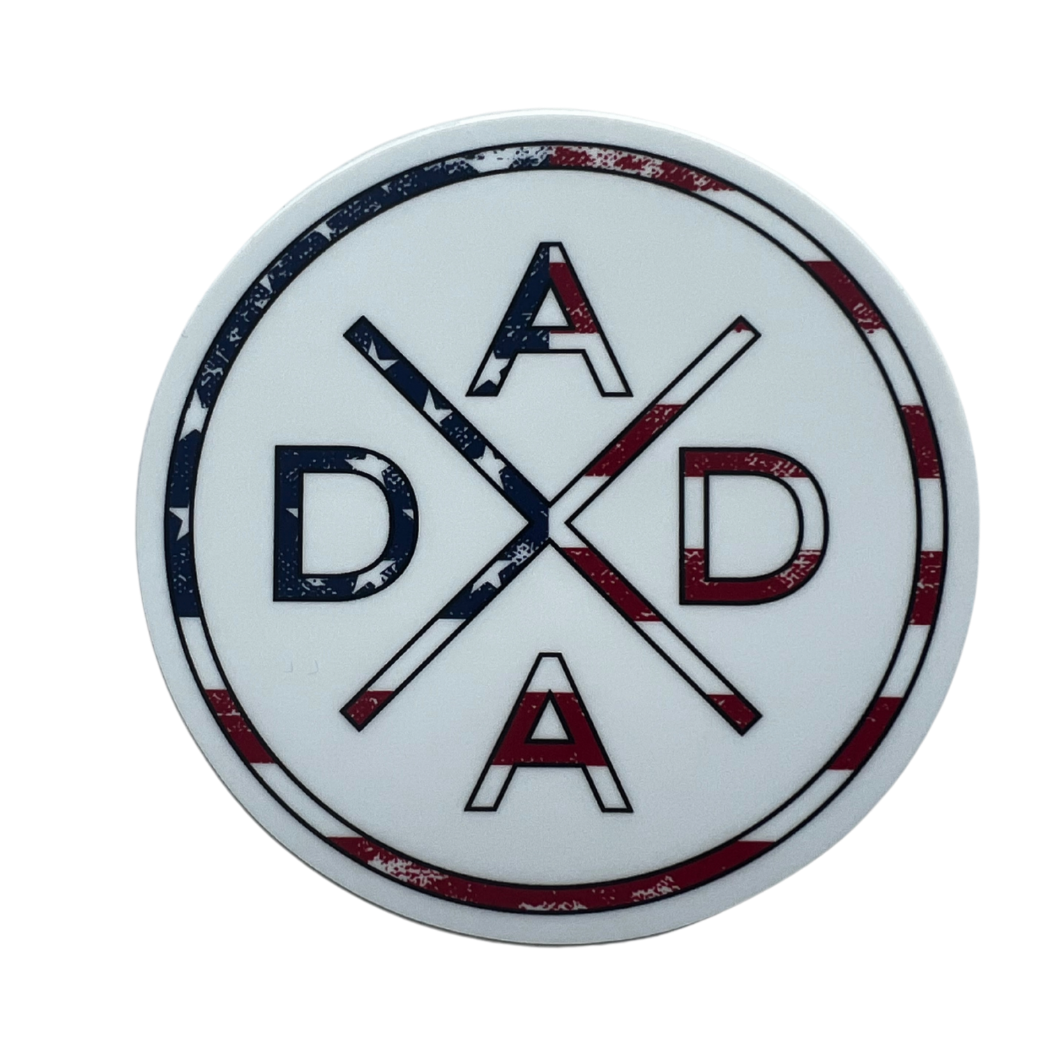 Experience the Dada X™ American Flag Sticker from Mama X™ Brand, showcasing a circular emblem with "DAD" in a unique vertical and diagonal layout. The intersecting "A" at the top and bottom exudes patriotic flair, adorned with an American flag design featuring red, white, and blue colors along with stars. Perfect for sticker application, this emblem is framed by a matching flag-pattern border.