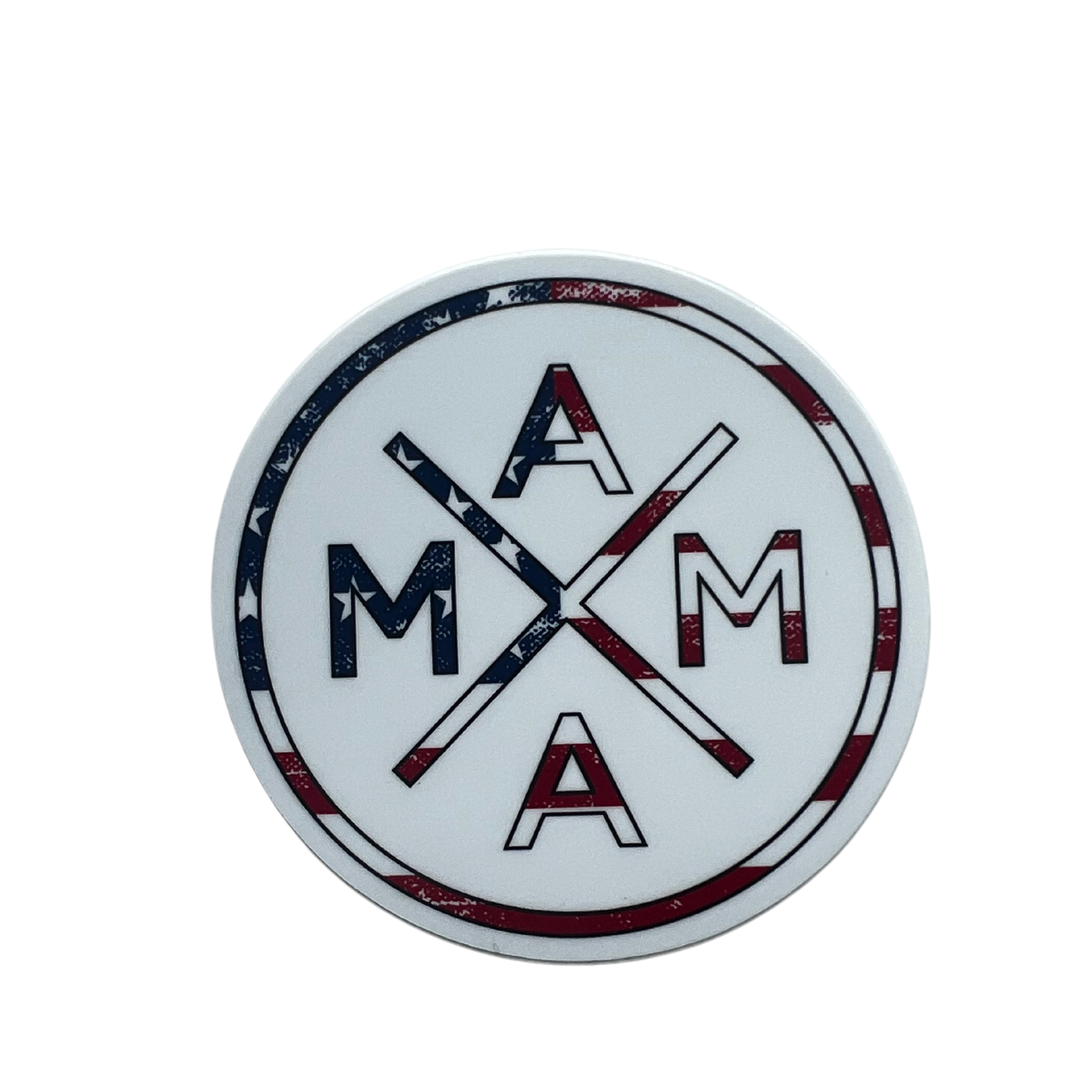 Introducing the Mama X™ American Flag Sticker by Mama X™ Brand: a circular sticker with a white background featuring crisscrossed 