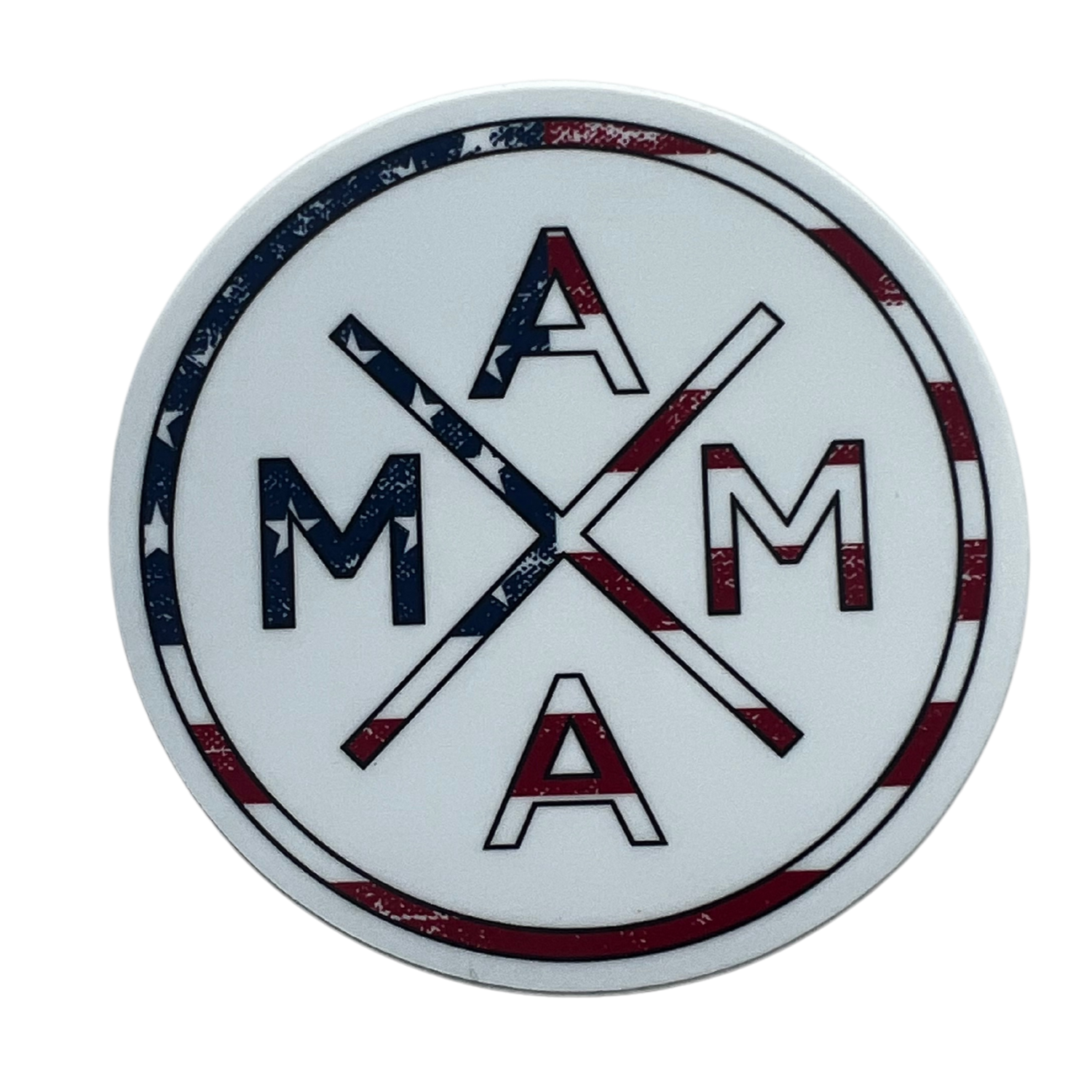 Description: The Mama X™ American Flag Sticker showcases a round logo with the letters "AMMA" arranged diagonally and intersecting within a circular border. Both the letters and the border feature a distressed American flag design, echoing the style of popular patriotic stickers by Mama X™ Brand.