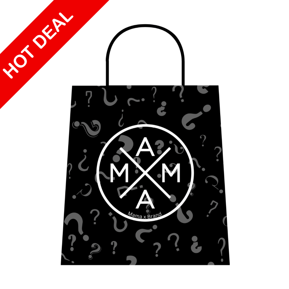 Introducing the ultimate Mystery Mama X™ Bundle Grab Bag! This black shopping bag features a white 