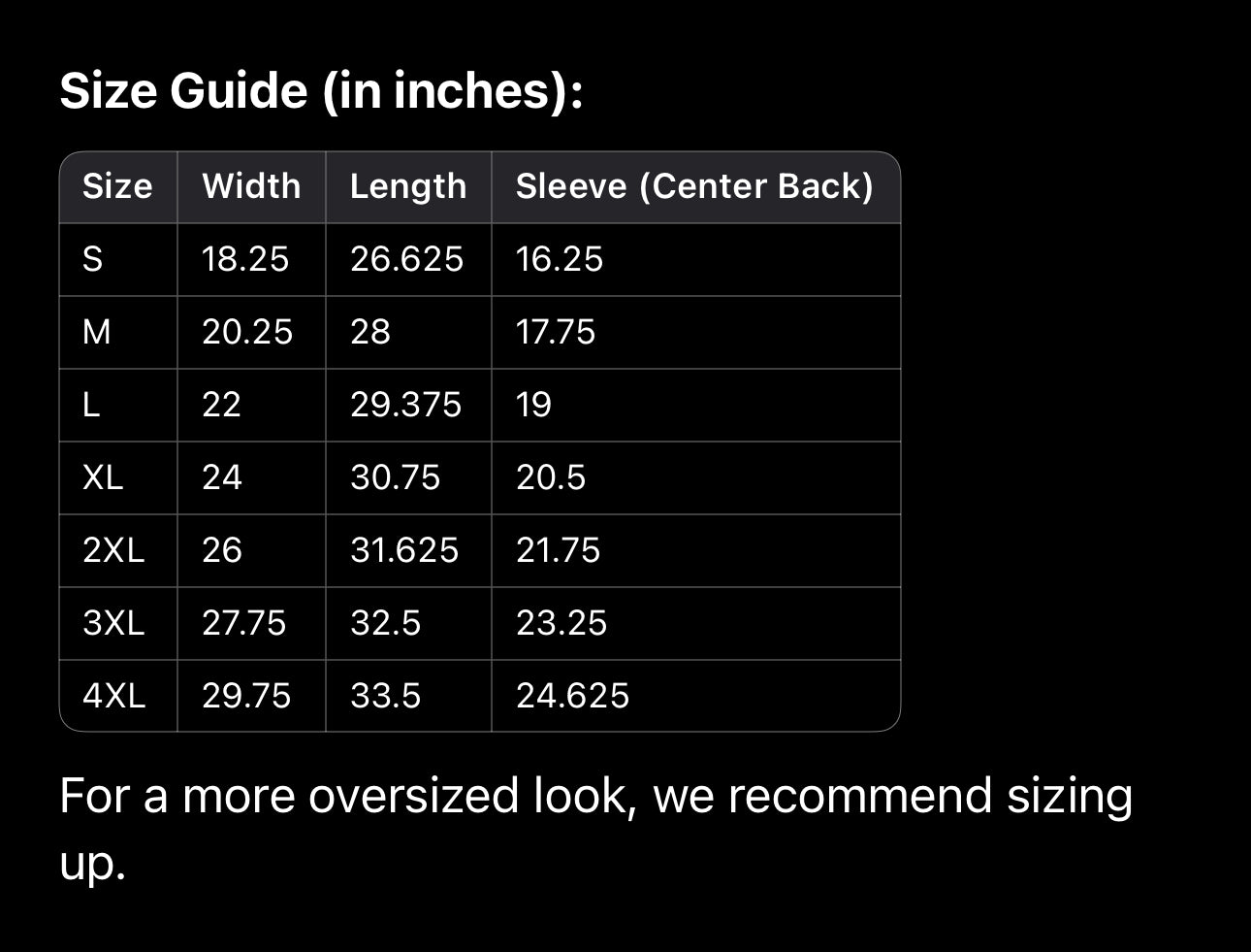 The "Moms Support Moms T-Shirt" by Mama X™ Brand features a garment-dyed size guide chart with columns for size, width, length, and sleeve length. Available in sizes S to 4XL, it’s recommended to size up for an oversized fit. A supportive mama knows the key to comfort is the perfect fit.