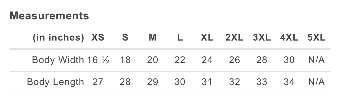 The Mama Halloween Tshirt by Mama X™ Brand offers a size chart with body widths (16.5–34") and lengths (27–34") in inches for XS–4XL; 5XL measurements are not available (N/A). Refer to the chart for exact sizing.