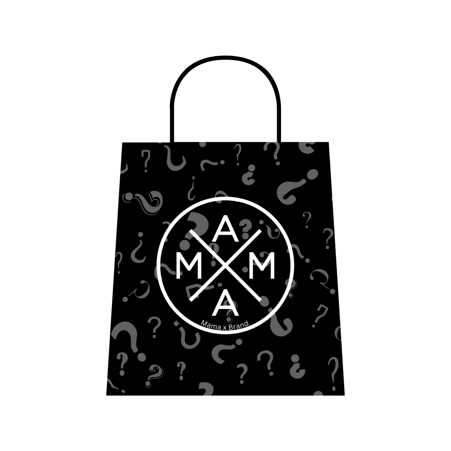 A black shopping bag with a handle, featuring scattered white question marks and a central round logo that reads "Mystery hat" by Mama X™ Brand.