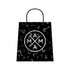 A black shopping bag with a handle, featuring scattered white question marks and a central round logo that reads "Mystery hat" by Mama X™ Brand.