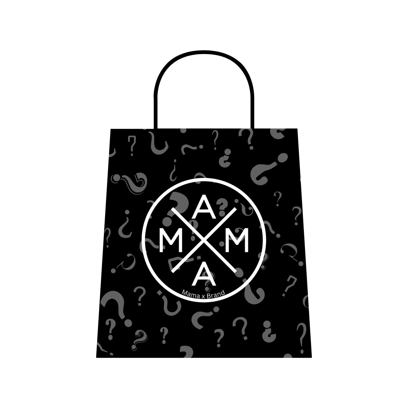 A black shopping bag showcasing a circular logo where the letters 