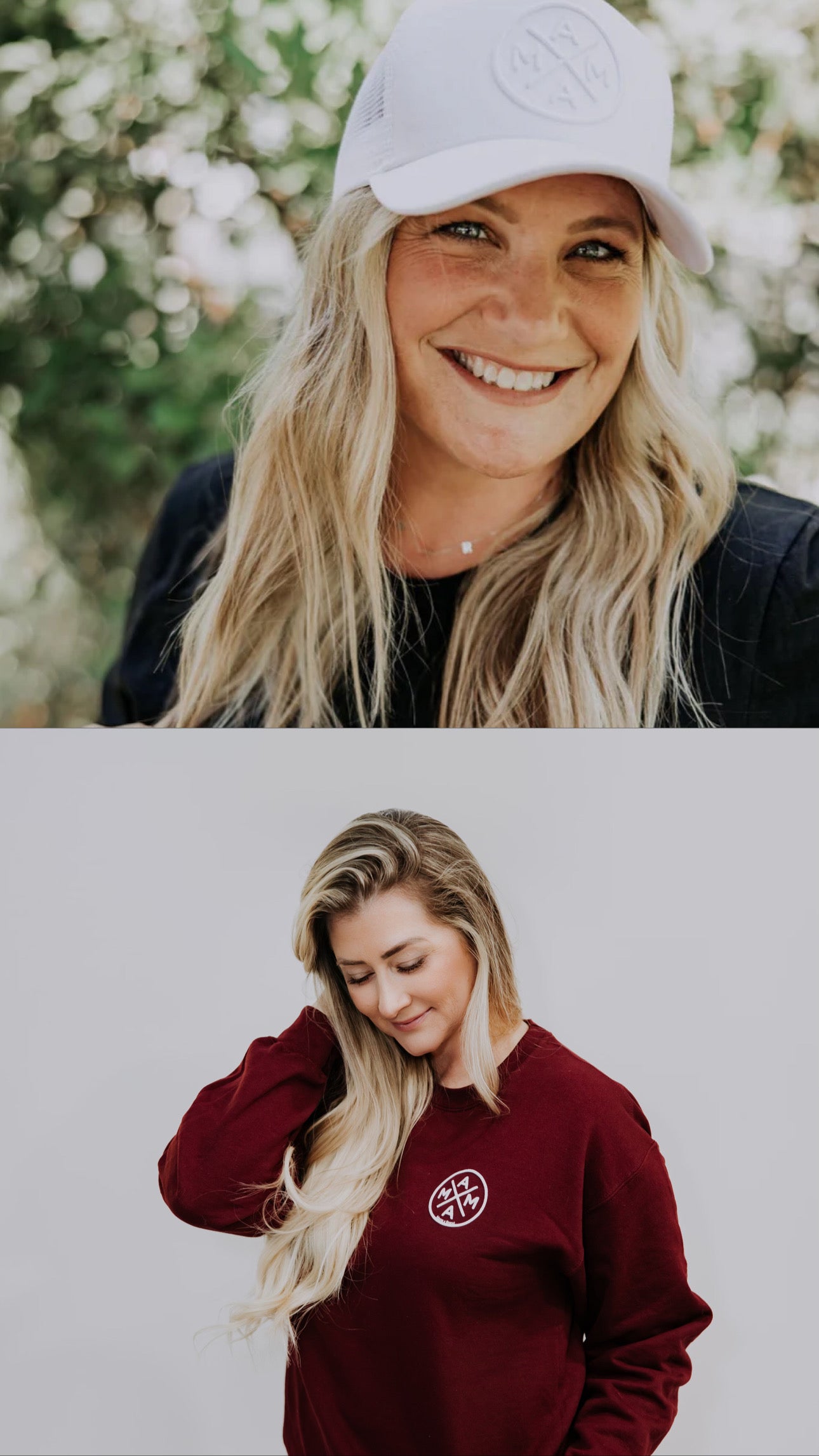 Top: A person with long blonde hair, in a white trucker cap and black shirt, smiles with blurred greenery behind. Bottom: The same person looks down, wearing the Maroon/White Vday Bundle from Mama X™ Brand, set against a neutral background.