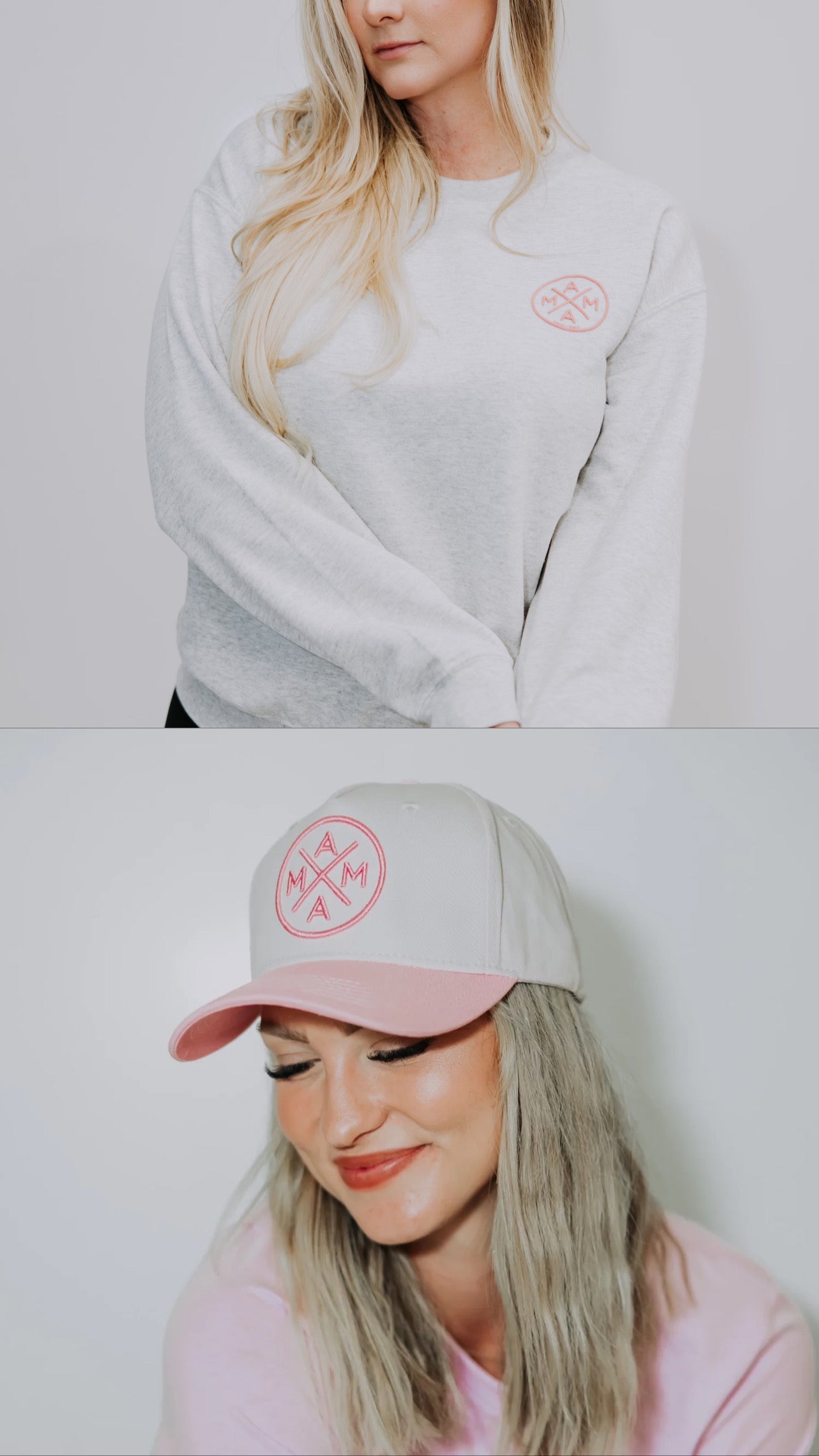 Top image: A person wearing a Mama X™ Brand gray sweatshirt with a pink circular logo. Bottom image: The same person in a pink and white cap with a matching logo, smiling slightly. Gray/Pink Vday Bundle—perfect for casual style lovers.