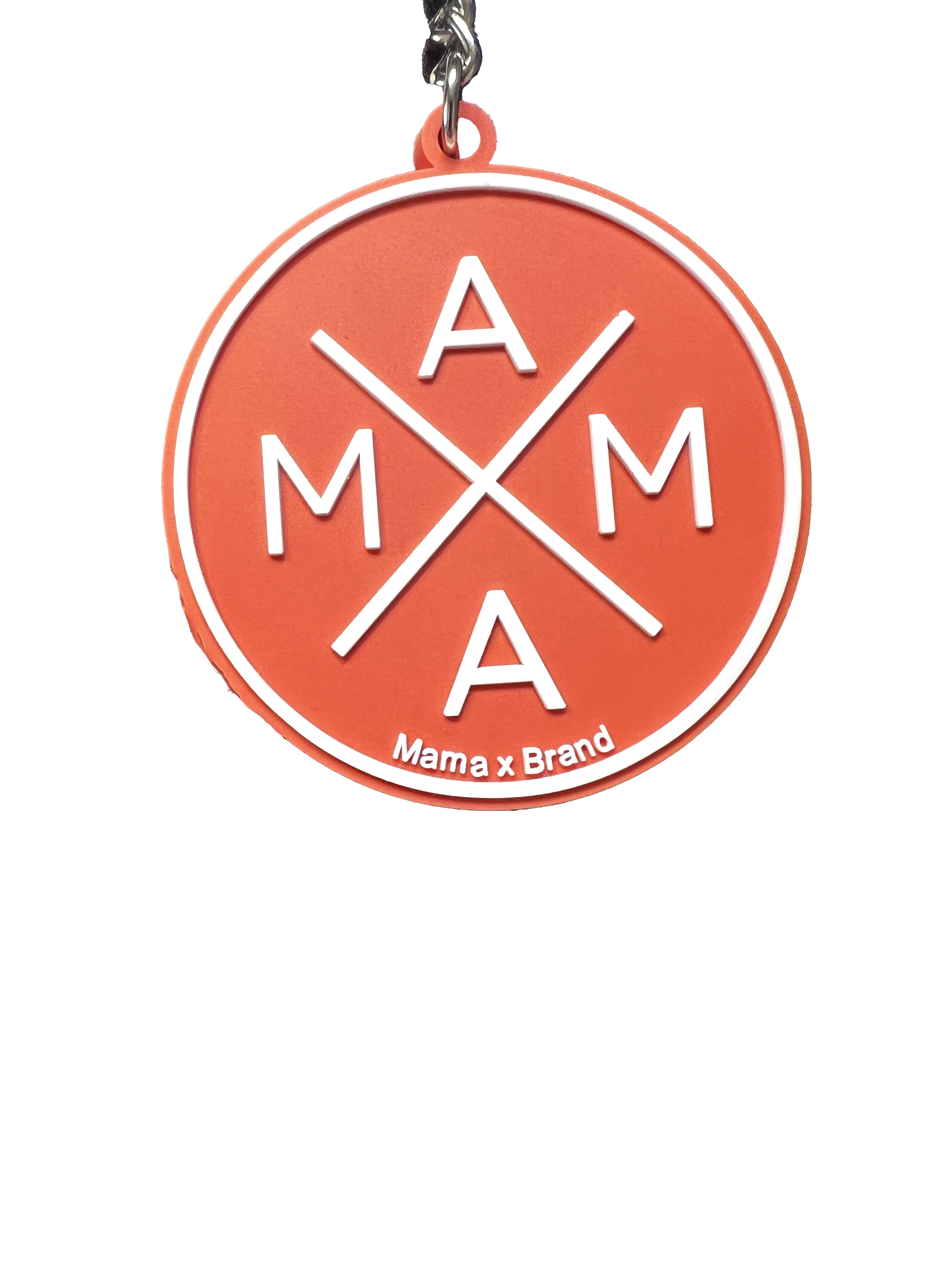 This red, circular Mama X™ Keychain is the perfect accessory for a diaper bag. Featuring four white letters intersecting in an 