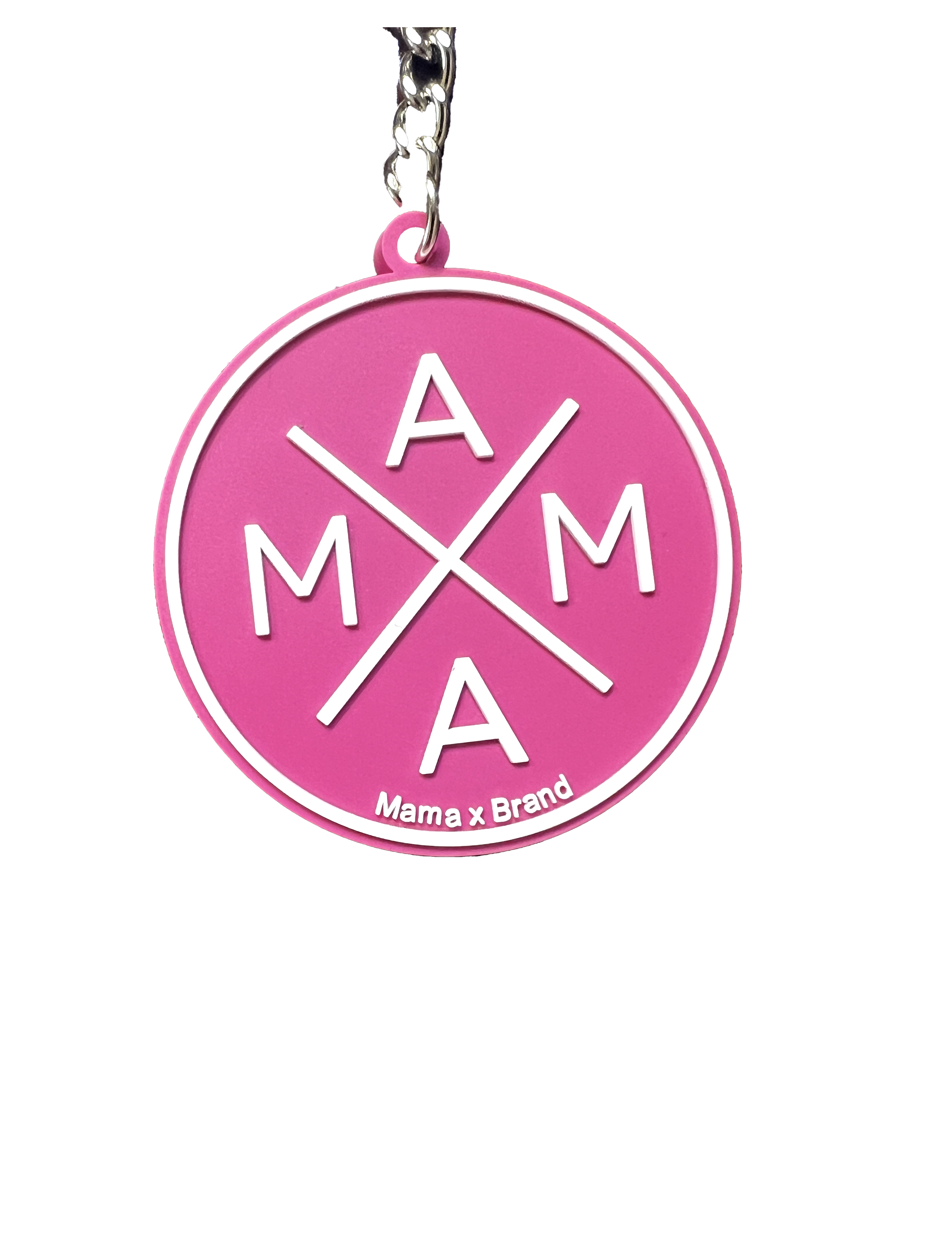 Introducing the Mama X™ Keychain: a charming pink accessory with a circular design and 