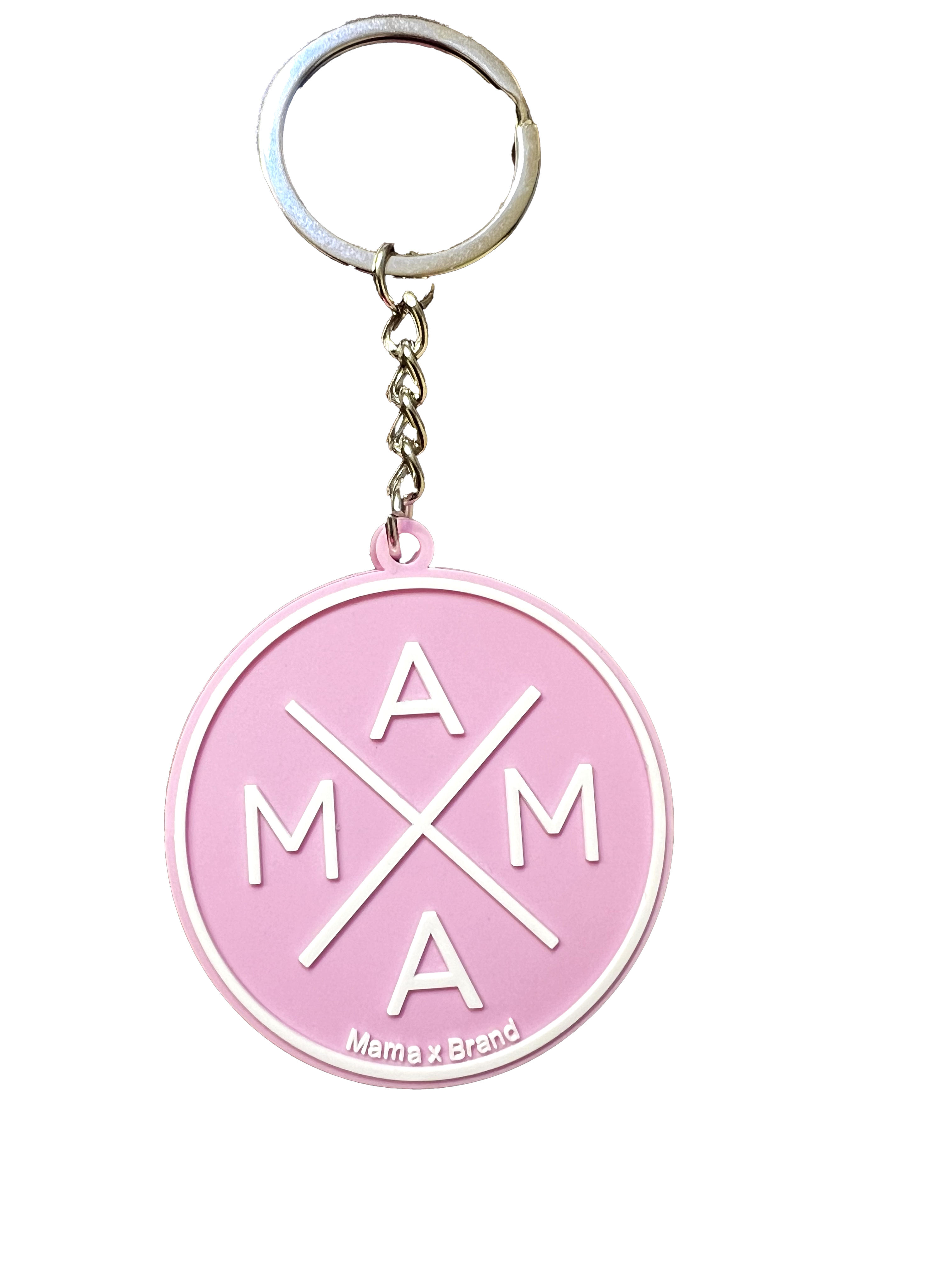 The Mama X™ Keychain by Mama X™ Brand is a pink, circular keychain featuring the word 