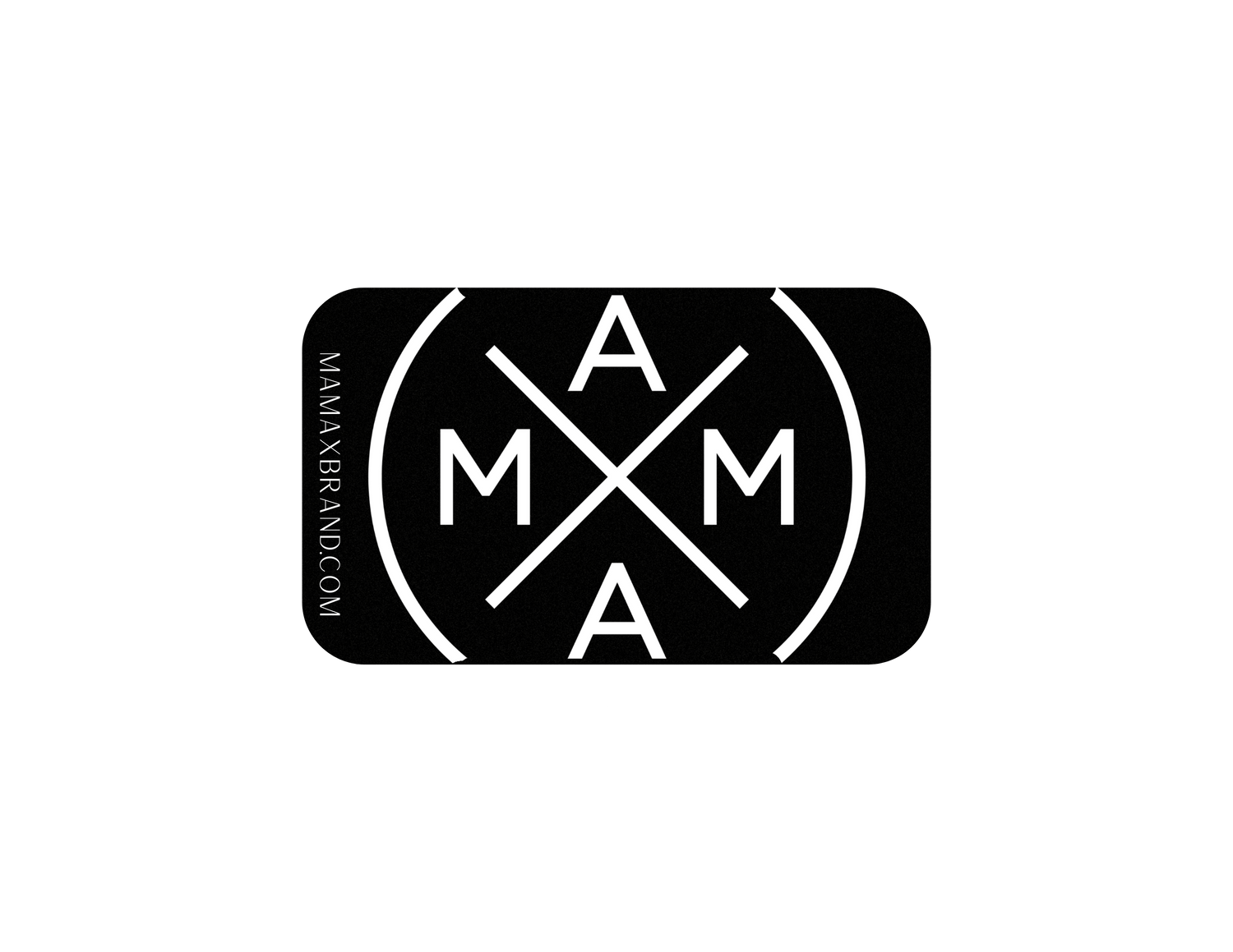 The MXB E-Gift Card by Mama X™ Brand showcases a design with the word "MAMA" in bold capital letters arranged within a circle, intersected by two diagonal lines forming an X at the center. The URL "MAMAXBRAND.COM" is vertically aligned on the left side. This sleek black background with white text and lines design makes it an ideal choice for email delivery gift cards.