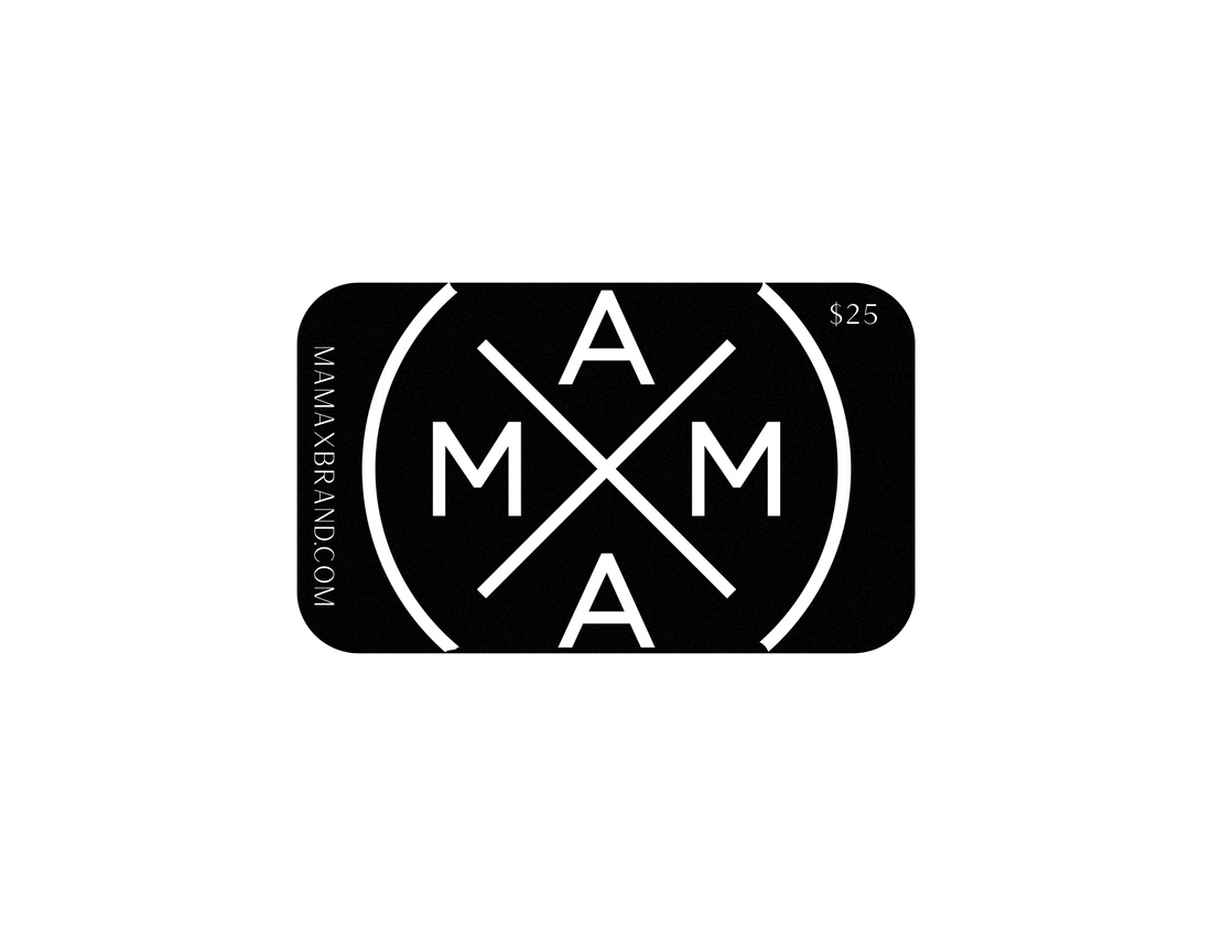 The MXB E-Gift Card from Mama X™ Brand features a sleek black background, adorned with a striking white circular logo showcasing the letters "MAMA" in a cross pattern. On the left side, "MAMAXBRAND.COM" is written vertically. The card is valued at $25 and makes for an excellent last-minute gift as it can be delivered instantly via email.