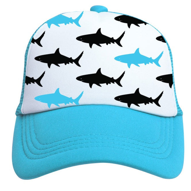 The Shark Trucker Hat by Mama X™ Brand is a blue 5-panel cap with a white front panel featuring a shark print. The sharks alternate in color between black and light blue, making it perfect for toddler size.