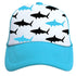 The Shark Trucker Hat by Mama X™ Brand is a blue 5-panel cap with a white front panel featuring a shark print. The sharks alternate in color between black and light blue, making it perfect for toddler size.