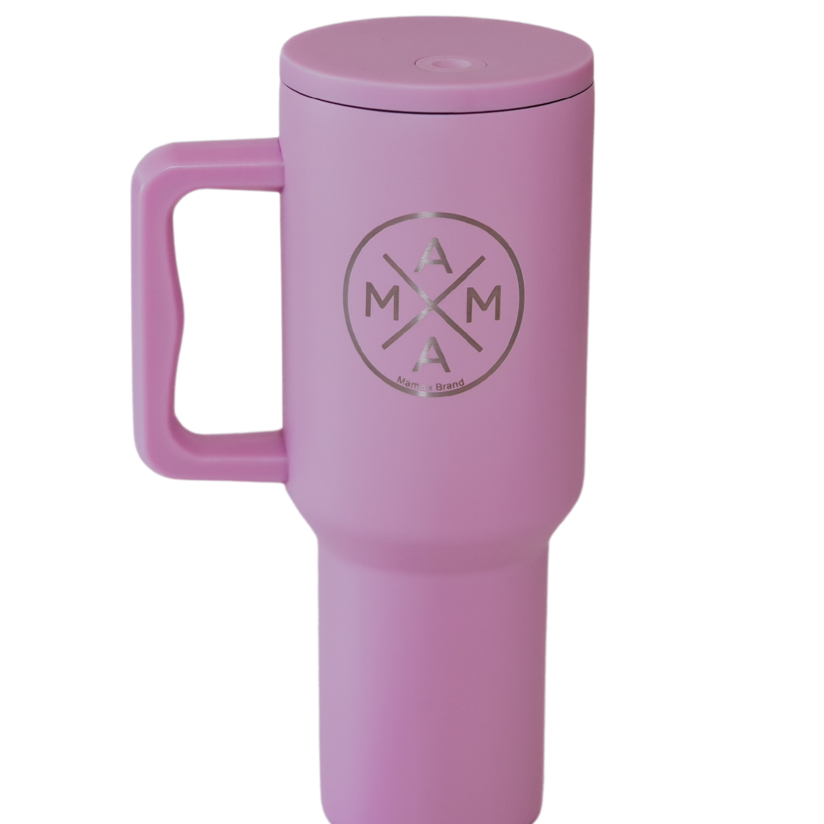 Introducing the Mauve Mama X™ 40oz Tumbler by Mama X™ Brand: a tall, mauve tumbler with a wide handle on the left side. The mug features a circular 