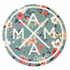 A circular Mama X™ Flower Sticker, with a teal background adorned with red, white, and pink floral patterns. The text "MAMA" is displayed in a cross layout in the center, reflecting a Floral Mama X design. At the bottom of the sticker, within the circle, "Mama X™ Brand" is inscribed.