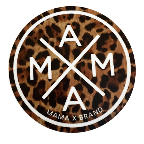 The Mama X™ Animal Print Sticker is a circular design featuring a leopard print background, with 