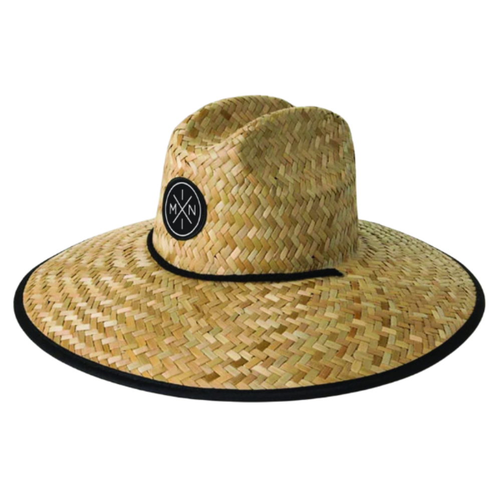 The Mini X Lifeguard Hat for toddlers and youth from Mama X™ Brand features a wide-brimmed straw design with a textured weave pattern, providing excellent sun protection. This stylish hat includes a black band around the base of the crown, adorned with a logo patch bearing the 