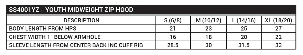 A size chart for the Bro X Zip Up by Mama X™ Brand. The chart includes measurements for sizes S (6/8), M (10/12), L (14/16), and XL (18/20). Listed are body length from HPS, chest width 1