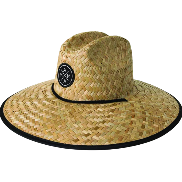 The Mama X™ Lifeguard Hat by Mama X™ Brand features a wide-brimmed straw design with a black band and a black patch displaying the "AMMA" letters in white, arranged in a circular formation on the front. The full-coverage brim, accentuated with black trim along the edge, offers effective sun protection for outdoor activities.