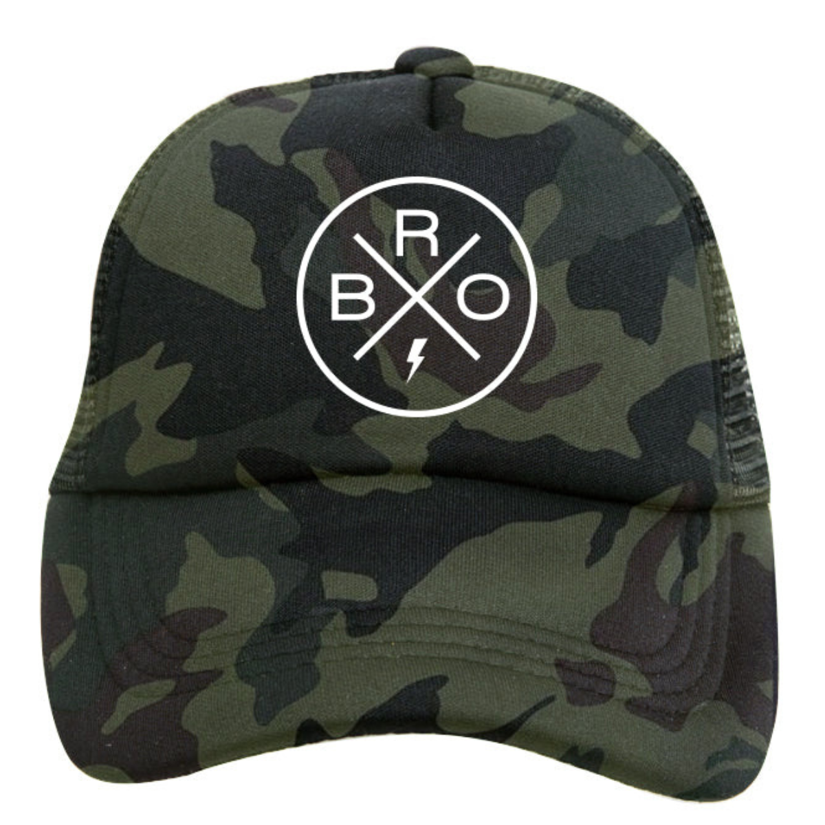 Introducing the Bro X Trucker Hat by Mama X™ Brand: A stylish camouflage-patterned baseball cap featuring black mesh on the back. The front showcases a distinctive white circular emblem with the letters 