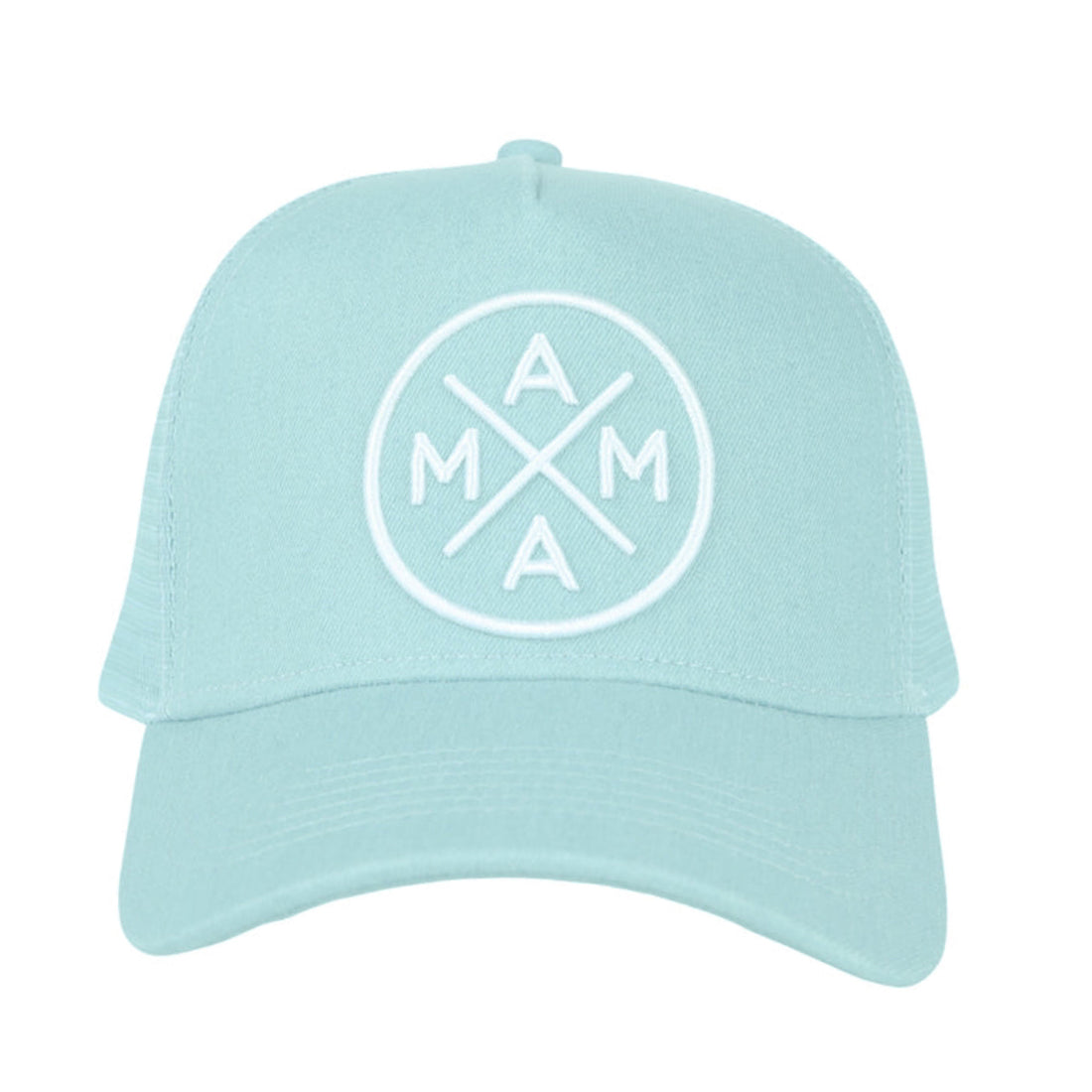 The Mama X™ Premium Canvas Trucker Hat in mint green from Mama X™ Brand features a round white embroidered design on the front. The distinctive MAMA X logo, with four intersecting lines forming an &