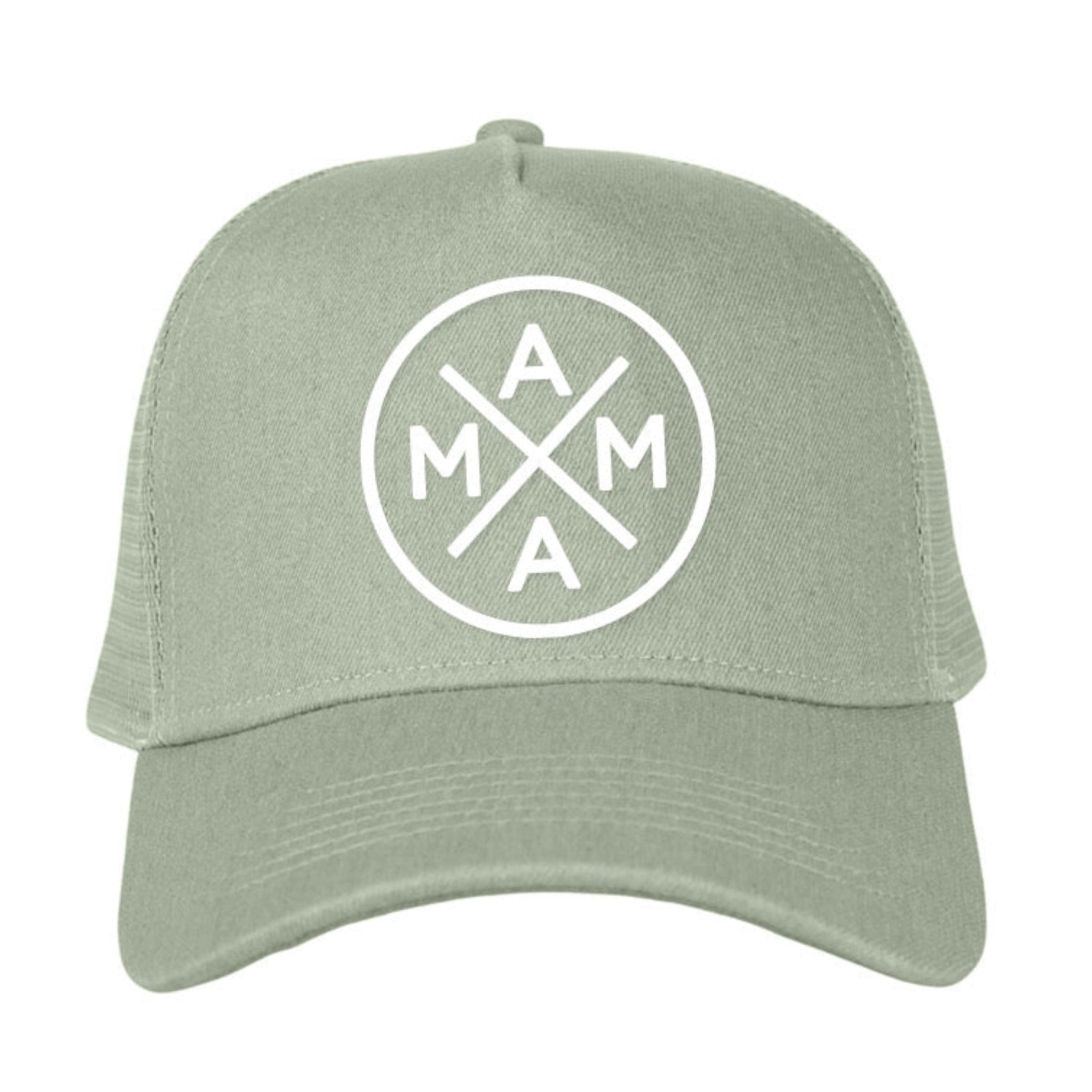 The Mama X™ Premium Canvas Trucker Hat - Sage by Mama X™ Brand features a white circular logo in the center, with "MAMA" arranged in a cross pattern, each letter occupying one quadrant of the circle. This stylish sage green 5-panel cap is perfect for everyday wear.