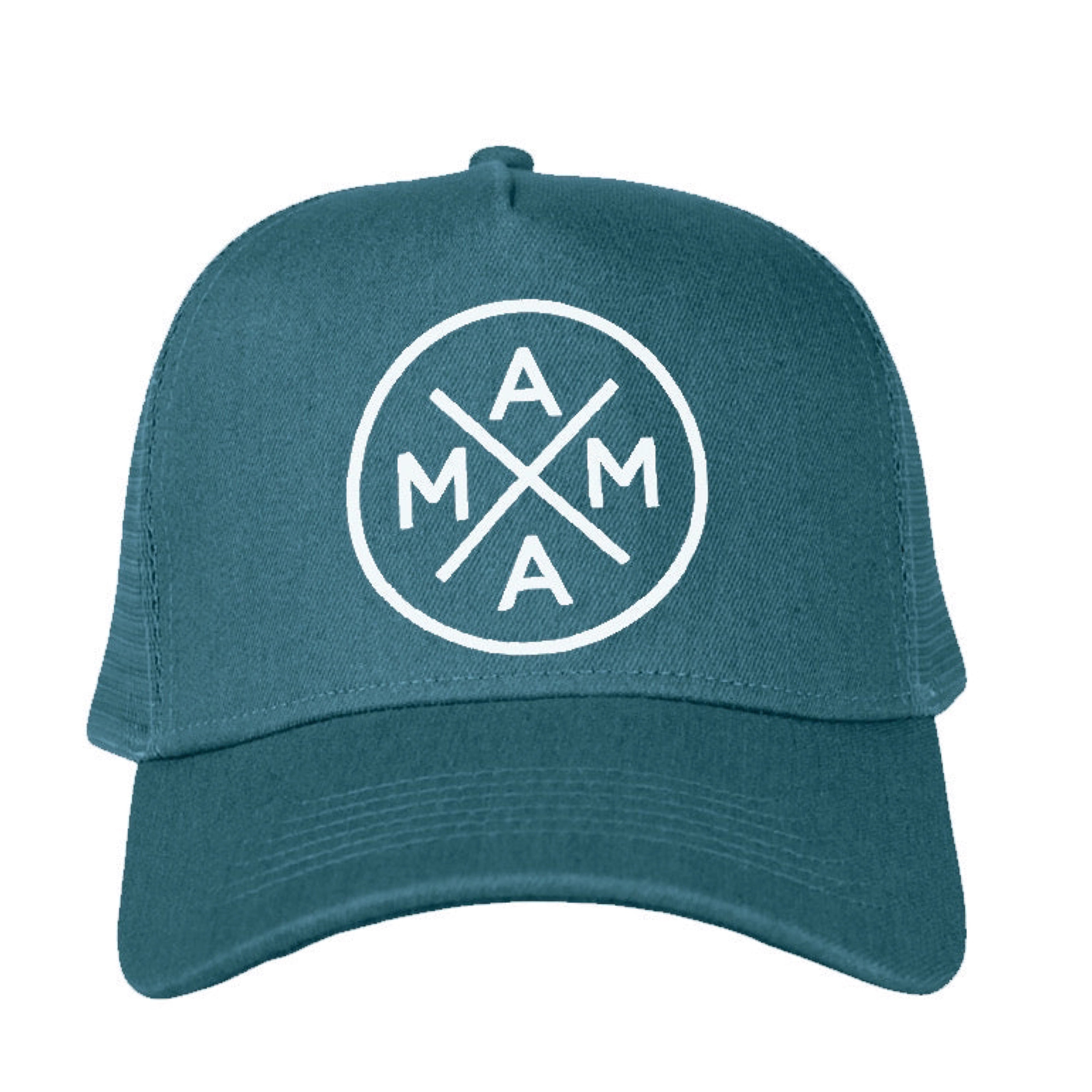 The Mama X™ Premium Canvas Trucker Hat in teal from the Mama X™ Brand features a five-panel design with a white circular MAMA X logo on the front. The logo showcases the letters 