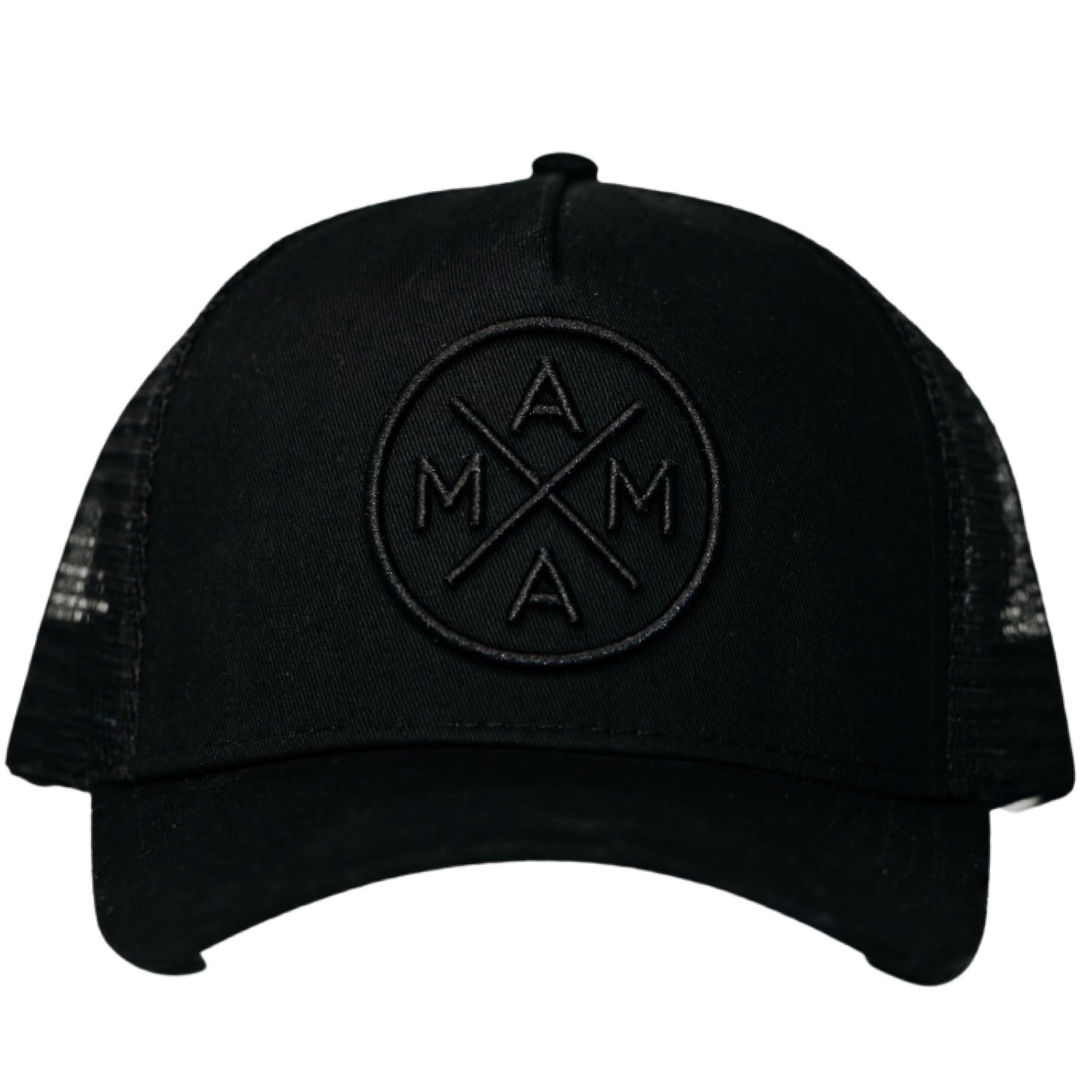 The Mama X™ Blackout Premium Trucker Hat by Mama X™ Brand is a black baseball cap featuring a mesh back for easy upkeep. Its front panel boasts a circular logo with the letters "A," "M," "A," and "M" arranged in a cross pattern. Ideal for coordinating as family hats.