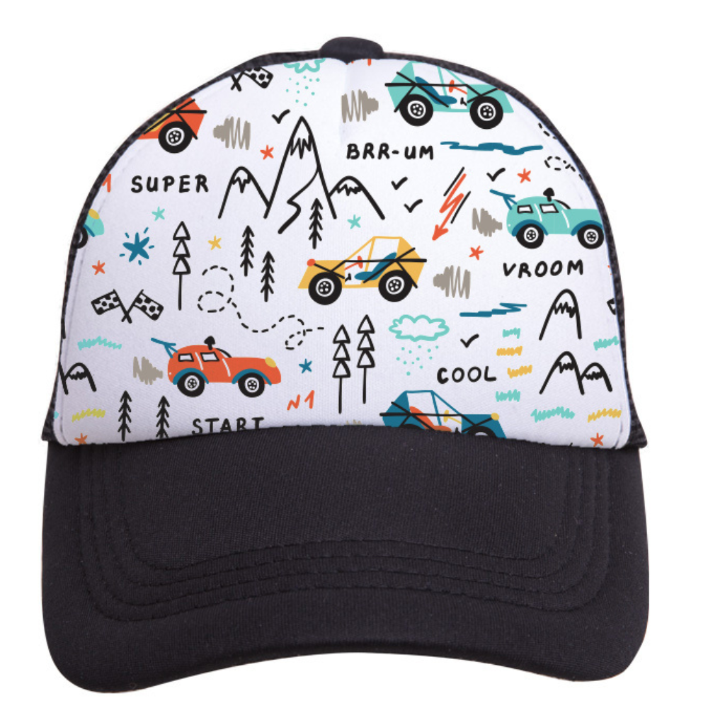 The Cars Trucker Hat from Mama X™ Brand is a vibrant, car-themed accessory featuring an illustrated white top adorned with playful drawings of cars, mountains, trees, and fun words like 