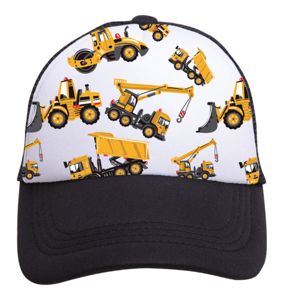 black trucker hat with white canvas and yellow tractors 