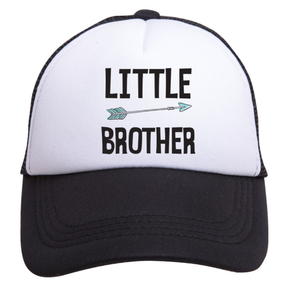 The "Little Brother Trucker Hat" from Mama X™ Brand features a black and white design with an arrow between the words "LITTLE BROTHER." Ideal for gender reveals or family photos, this charming cap adds a special touch to your memorable moments.
