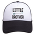 The "Little Brother Trucker Hat" from Mama X™ Brand features a black and white design with an arrow between the words "LITTLE BROTHER." Ideal for gender reveals or family photos, this charming cap adds a special touch to your memorable moments.