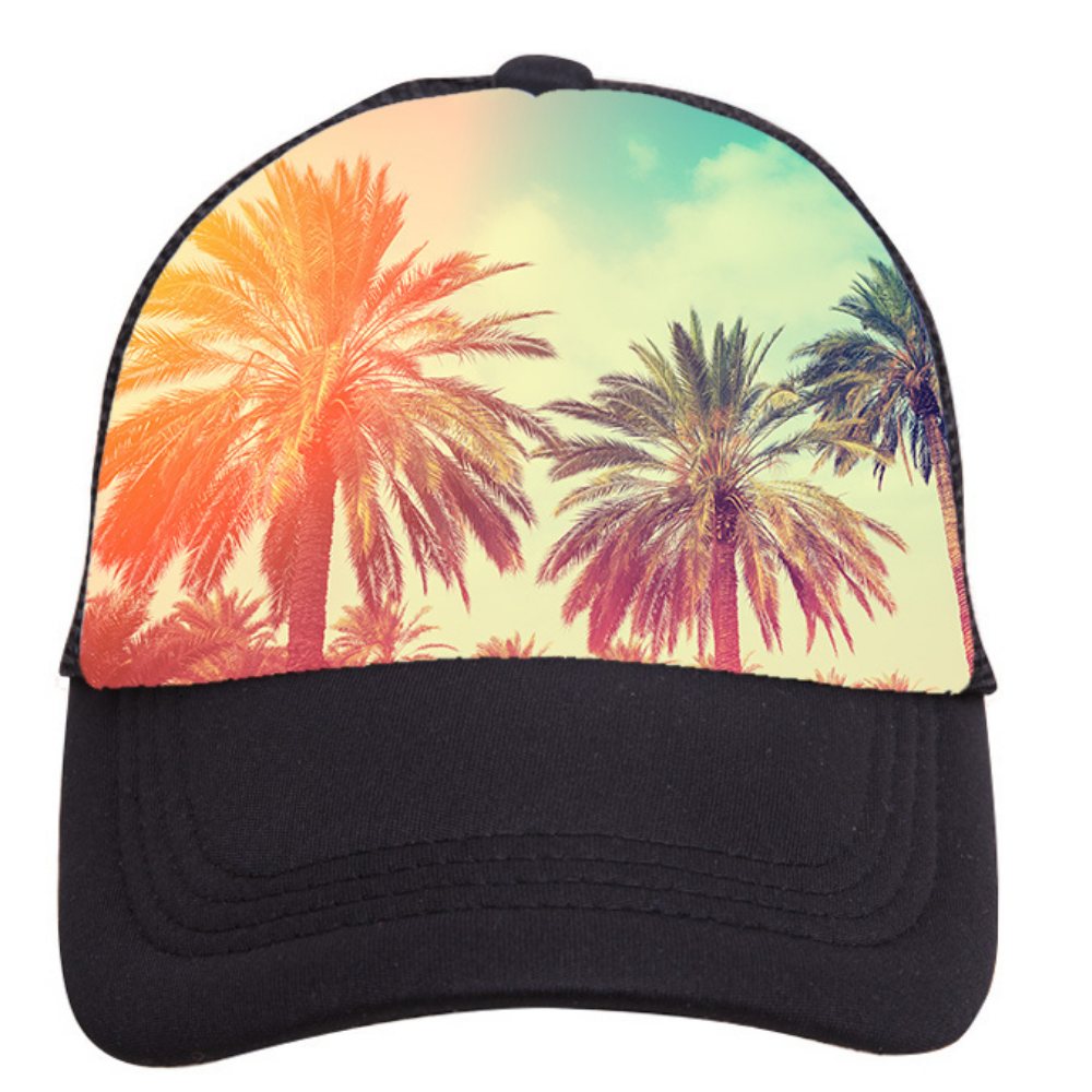 The Sunny Palms Trucker Hat by Mama X™ Brand is a black 5-panel cap featuring a vibrant, tropical design on the front panel. This stylish cap showcases tall palm trees with colorful hues of orange, red, yellow, and green against a light blue sky, offering fashionable sun protection for any outdoor adventure.