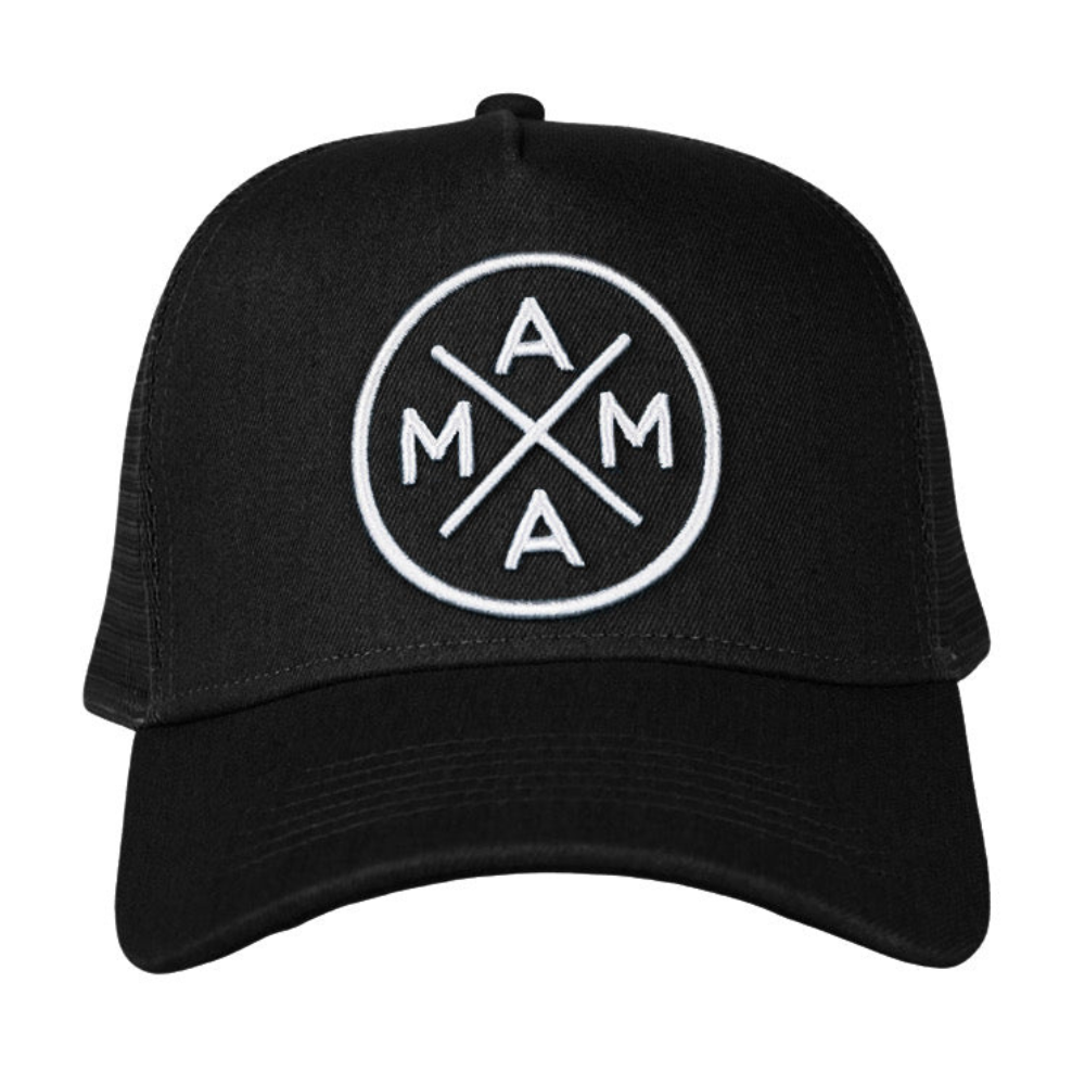 The Mama X™ Premium Canvas Trucker Hat- Black by Mama X™ Brand is a stylish 5-panel cap featuring a black canvas design and a white embroidered patch on the front. The patch showcases a circle with an 