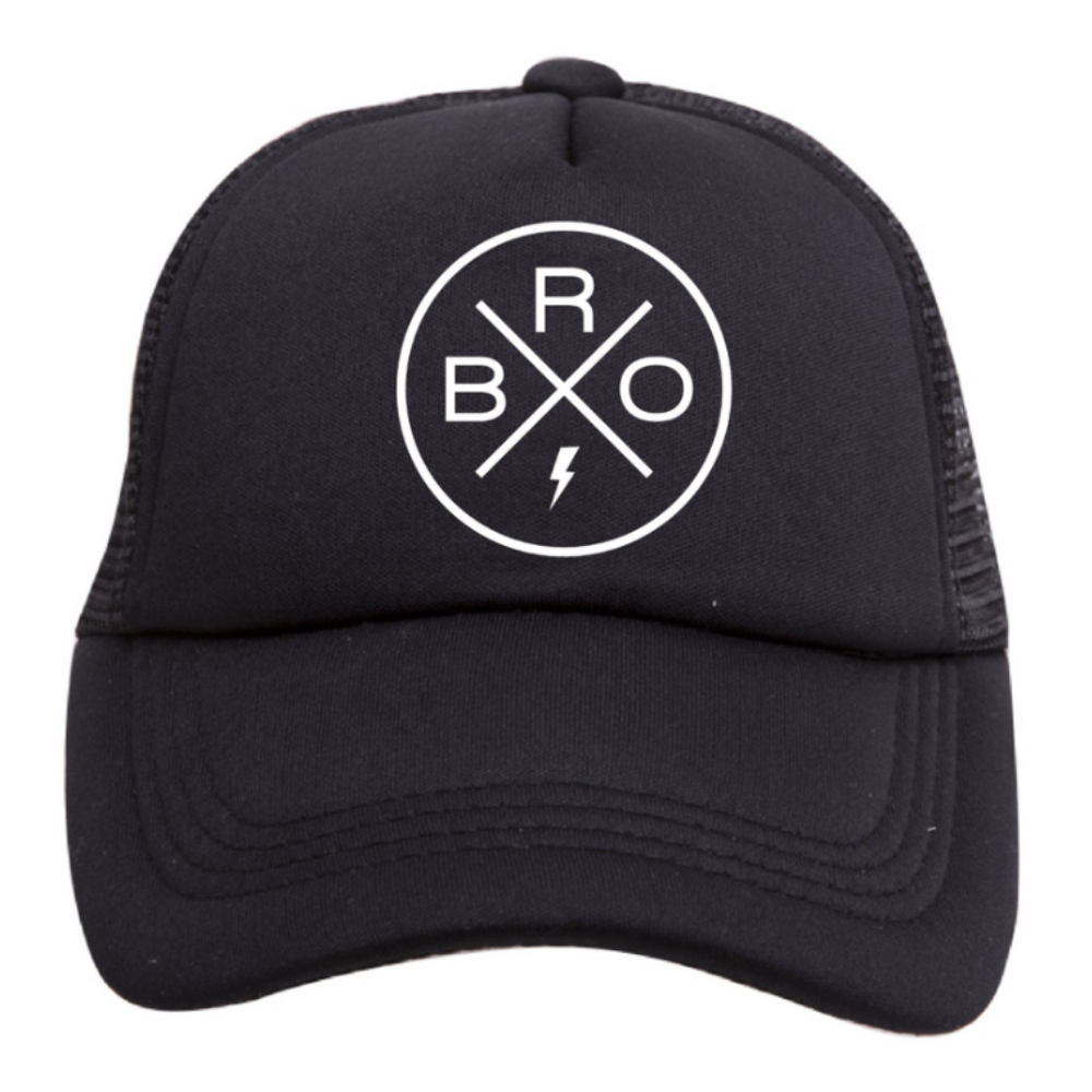 The Bro X Trucker Hat by Mama X™ Brand is a black trucker hat featuring a white circular logo on the front, which includes the letters 