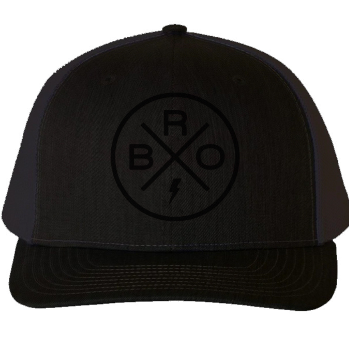 The Bro X Blackout Premium Trucker Hat by Mama X™ Brand features a circular logo on the front, comprising an intersecting 