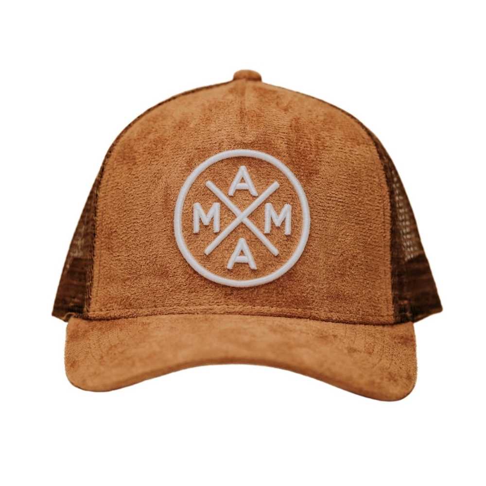 The Mama X™ Trucker Hat - Brown Suede by Mama X™ Brand is the perfect addition to your fall outfit. This hat features a brown suede canvas front with a mesh back, and is adorned with an embroidered Mama X™ logo where the letters 